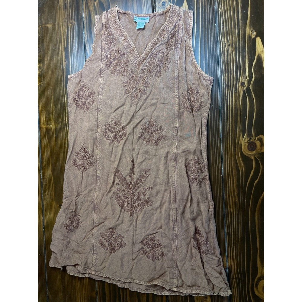 Just Cruising Dress Women's Free Size Brown Boho Embroidered Crushed Sleeveless